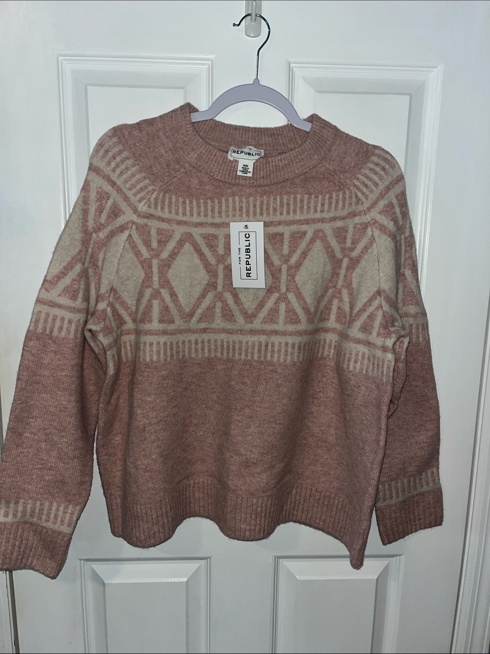 For The Republic Rose and Cream Geometric Crewneck Sweater